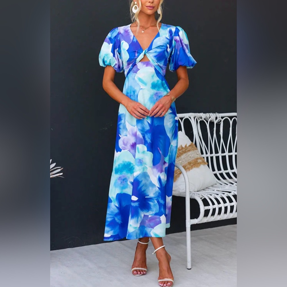Blue and White Floral Midi Dress